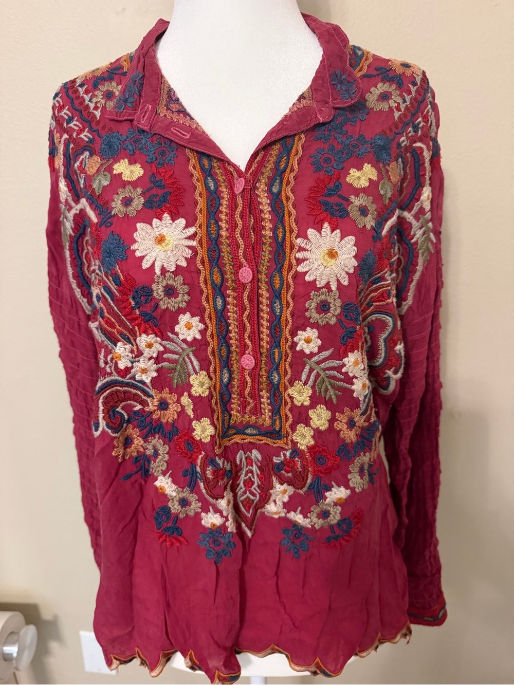 Johnny Was Berry Embroidered Floral Tunic Top